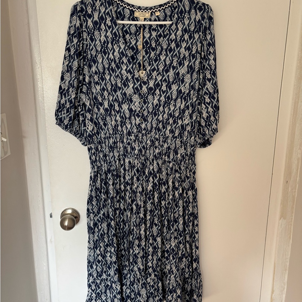 Fat Face Blue and White Geometric Long Sleeve Dress